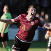 Padraic Cunningham celebrates after scoring Galway United's second goal in Friday night's Premier Division tie gainst Limerick FC at Eamonn Deacy Park. Photo: Joe O'Shaughnessy.
