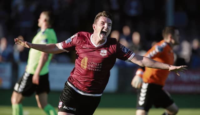 Padraic Cunningham celebrates after scoring Galway United's second goal in Friday night's Premier Division tie gainst Limerick FC at Eamonn Deacy Park. Photo: Joe O'Shaughnessy.