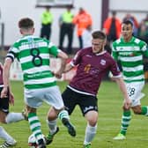 Galway United's David Cawley is challenged by Ronan Finn of Shamrock Rovers during the SSE Airtricity League tie at Eamonn Deacy Park on Friday evening. Photo: Iain McDonald.