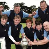 The Galway Golf Club team with the Senior Cup trohpy and pennant in Carton House last weekend. Front row, from left: Luke O'Neill, Liam Nolan, Ronan Mullarney, Liam Power and Joe Lyons. Back: Gerry Cox (assistant team captain) and Kieran O'Mahony (team captain). Photos: Pat Cashman.