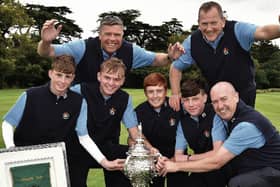 The Galway Golf Club team with the Senior Cup trohpy and pennant in Carton House last weekend. Front row, from left: Luke O'Neill, Liam Nolan, Ronan Mullarney, Liam Power and Joe Lyons. Back: Gerry Cox (assistant team captain) and Kieran O'Mahony (team captain). Photos: Pat Cashman.