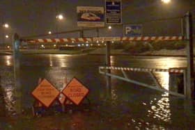 Flooding at the entrance to Toft Carpark during Storm Brian