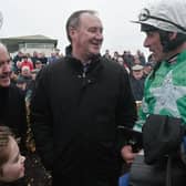 Winning Galway trainer Pat Kelly and jockey Davy Russell after Presenting Percy's impressive chasing debut at Ballybrit.