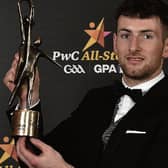 Galway hurler Padraic Mannion pictured with his All-Star award during the PwC All Stars banquet at the Convention Centre in Dublin on Friday night.  Photo: Seb Daly/ Sportsfile.