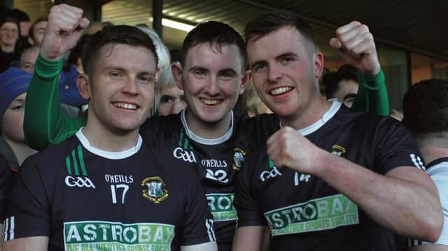 Liam Mellows players Jack Ford, Stephen Killeen and Adrian Morrissey show their delight after overcoming Gort in Sunday's Galway senior hurling final at Pearse Stadium. Photo: Enda Noone.