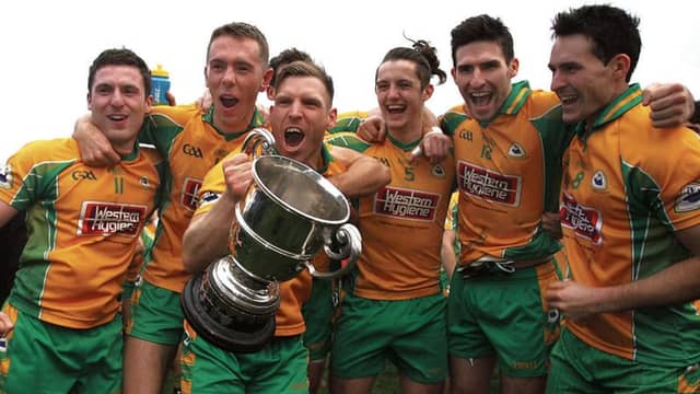 Corofin’ players Dylan Wall, Jason Leonard, Ciaran McGrath, Kieran Molloy, Martin Farragher and Michael Farragher with the Frank Fox Cup after defeating Mountbellew/Moylough in last year's county final. The champions begin their defence of the title wth a group clash against Claregalway in May.