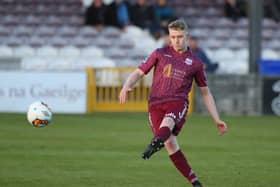 Galway United striker 
Eoin McCormack scoring their first goal in Friday night's First Division win over table toppers UCD at Eamonn Deacy Park. Photo: Joe O'Shaughnessy.