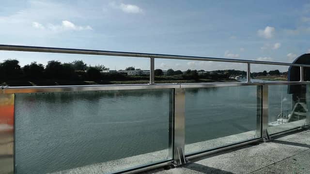 A glass flood barrier of the type which had been proposed for Galway.