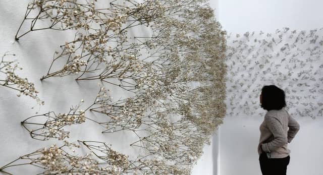 Katie Moore's work in memory of the Tuam Babies, which was made using gypsophila, is showing in the MA:18 exhibition. PHOTO: JOE O'SHAUGHNESSY.