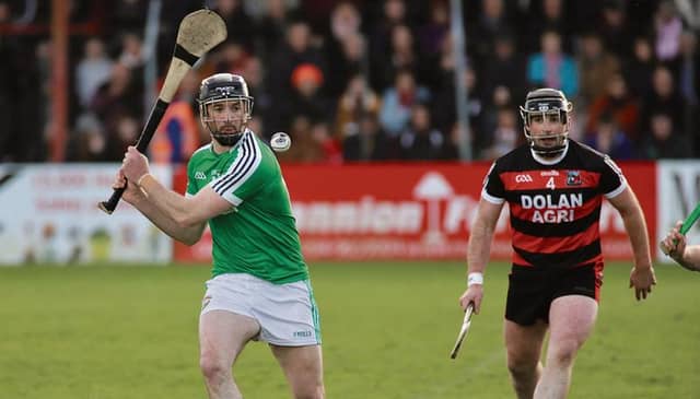 Liam Mellows' Aonghus Callanan picking off a point against Cappataggle's Michael Broderick during Sunday's senior hurling semi-final at Kenny Park. Photos: Brian Harding.