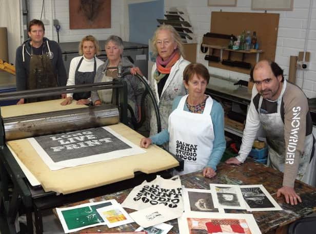 Galway Print Studio staff: Gerard O'Brien, Padraig Conway, Sioban Piercy, Kerry McClure, Leonie King, Mary Geeleher and David Pierce.