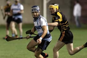 Ballygar's Eric Walsh tries to break away from Alan Caulfield of Ballinasloe during the County Junior 1 hurling final in Loughgeorge last Thursday. Photos: Joe O'Shaughnessy.