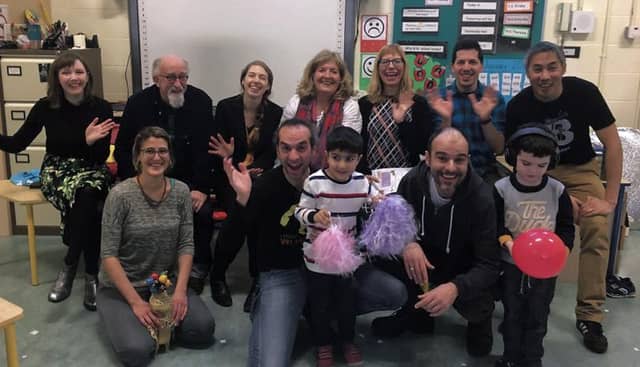 Children from the Seomra Shona Junior Class at Galway Educate Together National School with members of the Hear our Voices team after a performance in the school. PHOTO: KRISTA OLSON.