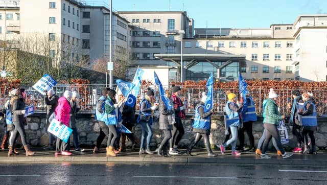 Striking nurses outside UHG yesterday. Photo: Joe O'Shaughnessy.