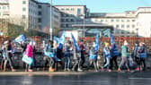 Striking nurses outside UHG yesterday. Photo: Joe O'Shaughnessy.