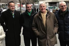 Political football... Taoiseach Leo Vardkar and Tanaiste Simon Coveney with European Chief Negotiator Michel Barnier, joined by Galway's IFA National President Joe Healy on their way to the Ireland/France Six Nations game last Sunday.