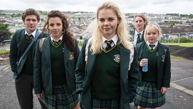 Nicola Coughlan (right) as Clare Devlin with fellow Derry Girls stars (from left) Dylan Llewellyn who plays James Maguire, Jamie-Lee O'Donnell (Michelle Mallon), Saoirse Jackson (Erin Quinn) and Louisa Harland who plays Orla McCool.