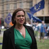 Outside looking in...Sinn Féin leader Mary Lou McDonald in the shadow of Westminster.