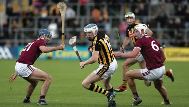 Galway's Johnny Coen and Gearóid McInerney close in on Kilkenny's TJ Reid during Sunday's Leinster hurling championship clash at Parnell Park. Photo: Joe O'Shaughnessy.