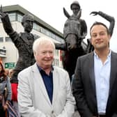 Artist John Behan, Peter Allen, Chairman of the Galway Race Committee and An Taoiseach Leo Varadkar, after he had unveiled a new sculpture, Leading In the Winner, to mark the 150th anniversary of the Galway Races. Photo: Iain McDonald.
