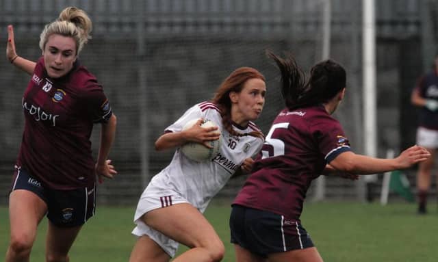 Galway's Olivia Divilly takes on Westmeath's Leanne Slevin and Kelly Boyce Jordan during Sunday's All-Ireland ladies football championship clash in Mullingar.