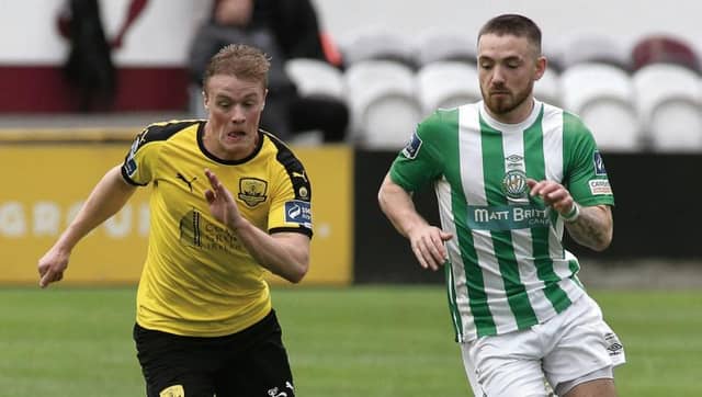 Galway United's Christopher Horgan in a race for possession with Dylan McGlade of Bray Wanderers during Friday night's First Division tie at Eamonn Deacy Park. Photo: Joe O'Shaughnessy.