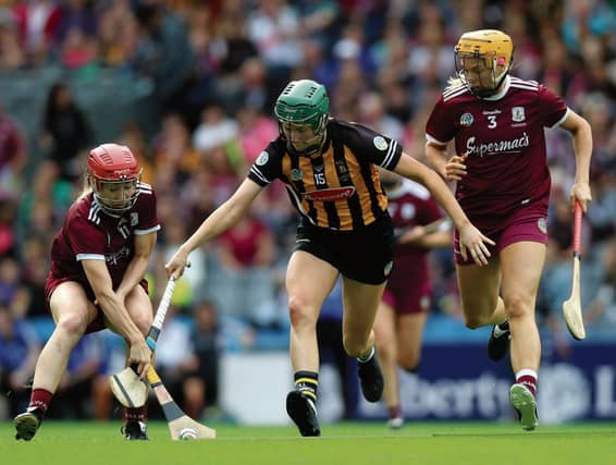 Kilkenny's Denise Gaule comes under pressure from Galway's Catriona Cormican and Sarah Dervan during Sunday's All-Ireland senior camogie final at Croke Park. Photos: INPHO/Tommy Dickson