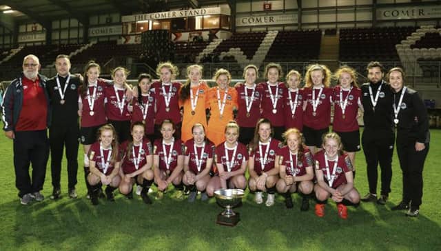 The Galway WFC U17 squad which won the National League final at Eamonn Deacy Park on Saturday. Back row, left to right: Stephen Moran, Club President, Gabriel Darcy, Goalkeeping Coach, Aoibhin Donnelly, Kellie Brennan, Allanah McNeil, Emma O'Donoghue, Abbiegayle Ronyane, Hannah Walsh, Kelsey Munroe, Hana Ueno, Ciara McManus, Therese Kinnevey, Kate Slevin, Phil Trill, Manager, and Emer Flatley, Assistant Coach. Front row: Saoirse Healey, Bryna Milton, Annie Gough, Jane Trehy, Kayla Brady, Captain, Anna Fahey, Shauna Brennan and Abbie Callanan.