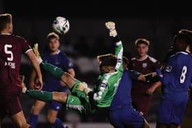 Galway United goalkeeper Sam O'Gorman does some acrobatics in trying to claim a cross during the Under 19 League final against Waterford FC at Eamonn Deacy Park on Monday night. Photo: Joe O'Shaughnessy.