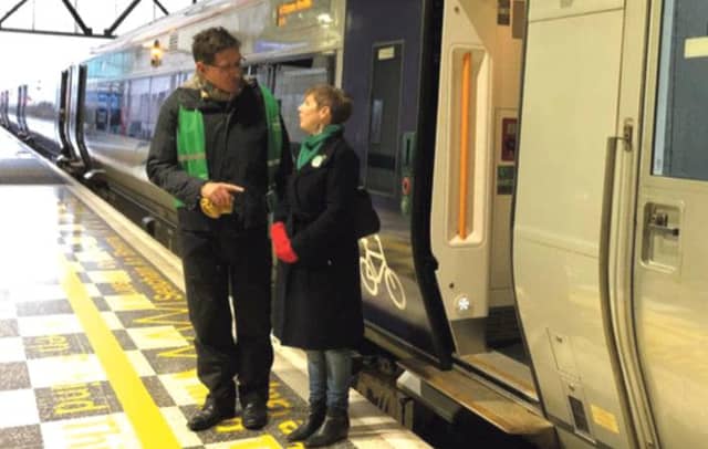 Green Party leader Eamon Ryan with Galway West election candidate, Cllr Pauline O'Reilly at Ceannt Station.