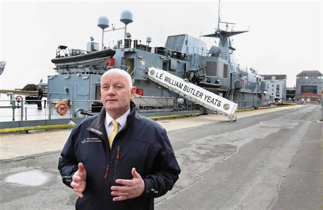 Harbour Master, Captain Brian Sheridan, at the LÉ William Butler Yeats moored at Galway Docks this week. PHOTO: JOE O'SHAUGHNESSY.