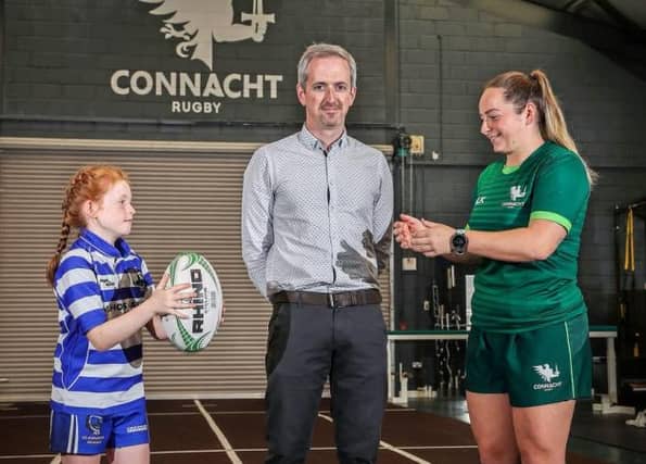 Clubforce Chief Marketing Officer Paul Madden pictured with Connacht senior player Nicole Fowley, who is also a member of the Clubforce team, and Gort RFC starlet Charlotte Rose Duffy at the launch of Clubforce's sponsorship of Connacht Women's emerging talent programme.