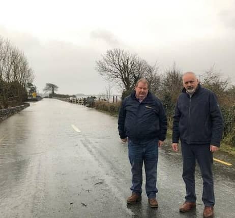 Cllr Declan Geraghty (Ind) and Cllr Peter Keaveney (FG) at the Creggs road out of Glenamaddy where flooding occurs on an annual basis.