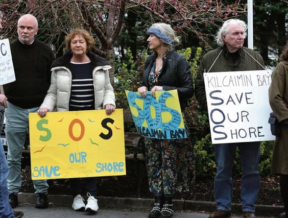 Some of the people at the protest against aspects of the planned Athlone to Galway greenway and cycleway at an information meeting in Oranmore last month. PHOTO: JOE O'SHAUGHNESSY.