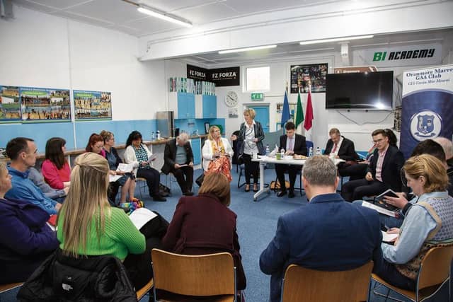 Cllr Martin Kinnane addressing the round-table discussion on transport she hosted, joined by (from left) Cllr Shelly Herterich-Quinn, Minister Jack Chambers, Deputy Eamon Ó Cuív, Minister Anne Rabbitte (partly hidden) and Cllr Albert Dolan.