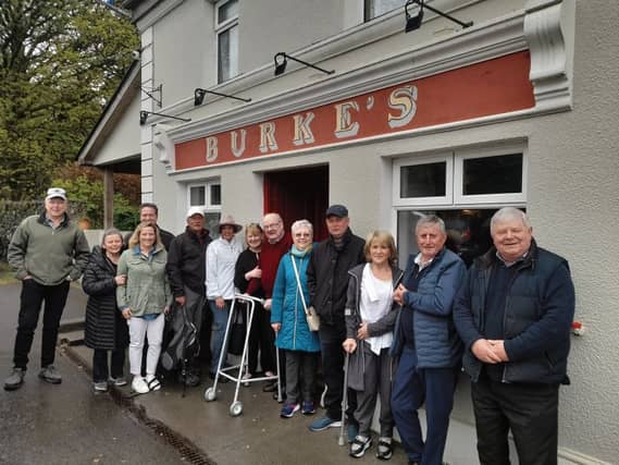 Some of the many Burkes who showed up to welcome their Baltimore cousins at Burkes of Colmanstown; included are Gerry Burke (Brideswell), Ozzie and Pat O'Grady (Tiaquin), Mary Margaret and Dermot Burke (Annaghdown), Frank and Bernie Burke, Dennis and Jan Burke (Arizona), Mimi and Tim Burke (Ohio), Brid Burke and Kevin O'Callaghan (Dublin).