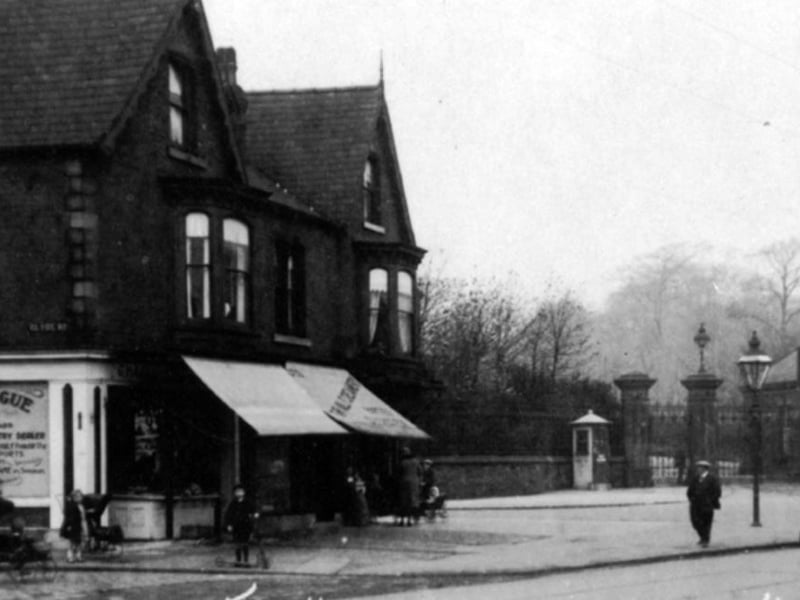 George Hague, poultry dealer and fishmonger, on Barnsley Road, Fir Vale, Sheffield, in around 1926, looking towards the entrance gates and lodge of Sheffield Union Workhouse (later Fir Vale Infirmary and Northern General Hospital