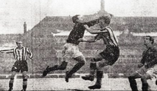 The first game between Sheffield United and Sunderland at Bramall Lane with Charlie Fleming on the left.