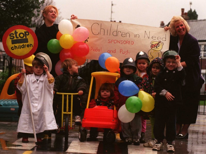 Staff and children from the Cornerhouse Nursery in Hillsborough, Sheffield, set off on their charity walk for Children in Need, in 1997