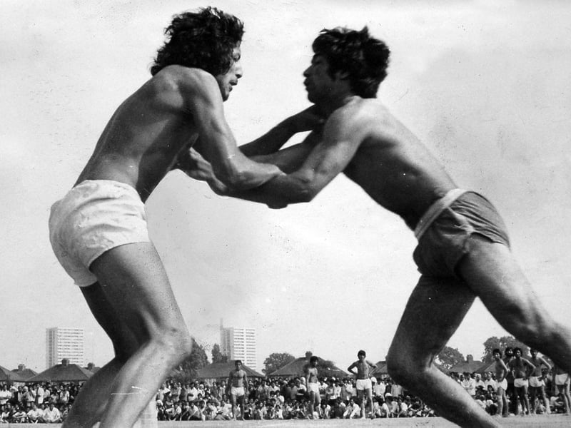Contestants take part in a kabaddi match at the Asian Games held at the Fowler playing field, Cannock Road, in August 1975. Almost 200 teams from across the country took part over three days, with thousands of Asian fans watching events including hockey, volleyball, football and kabaddi. The games were organised by the committee of the Sikh Temple in nearby Vernon Street. Do you remember the Asian Games at the Fowler playing field, or watching any of the events?