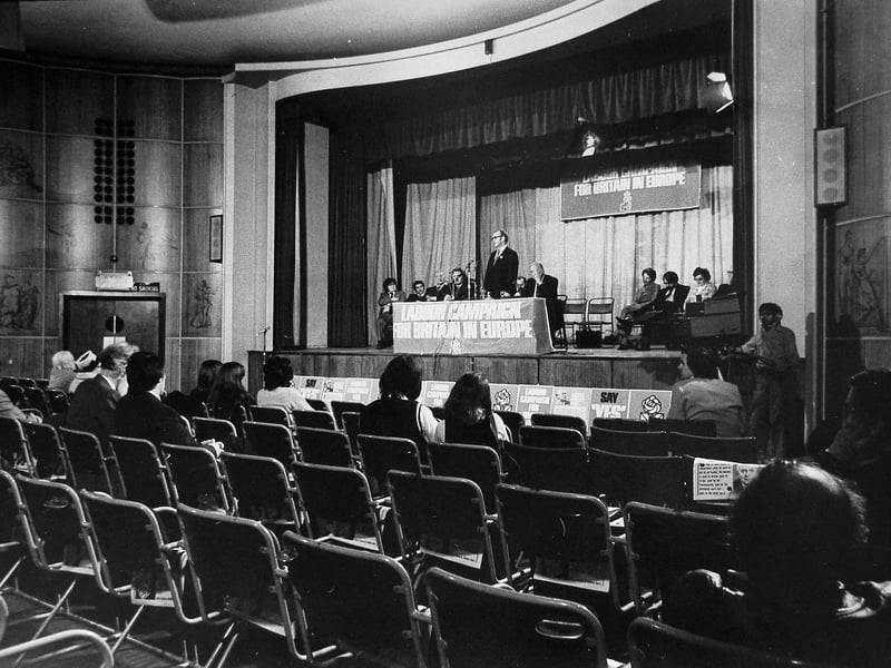 EEC Commissioner George Thompson speaks at a public meeting in Wulfrun Hall in May 1975, during the campaign ahead of Britain's referendum on membership of the European Economic Community, or Common Market. The original caption noted that the hall was nearly empty, making for a rather different picture from some of the large political meetings of the time. Do you remember the 1975 referendum, and what was being said about the Common Market?