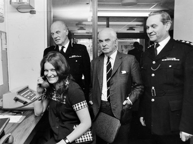 A glimpse inside the newly opened Bridgnorth Police Station in July 1972, as operations assistant Miss Helen Wainwright is watched by Deputy Chief Constable E A Abbott, Lt-Col A Heywood-Lonsdale and Chief Inspector Fred Lloyd during the official opening. Do you remember when the station first opened, or recognise anyone pictured?