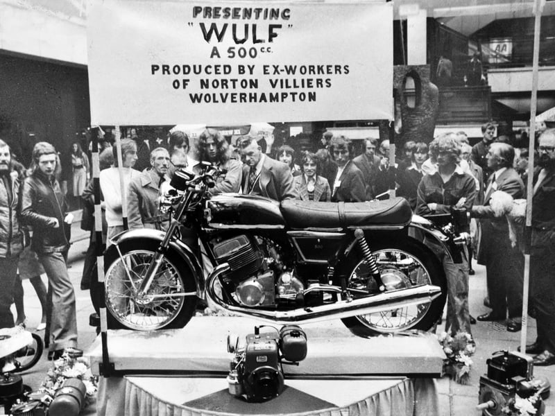 The Wolverhampton-made Wulf motorcycle went on display at the Mander Centre in October 1975, attracting the attention of passing shoppers. The 500cc machine had been developed by former NVT workers, including Bernard Hooper and John Favill, who hoped their innovative bike could take on the strong Japanese competition. With its stepped-piston engine, the Wulf was designed with reduced emissions, lower noise and energy conservation in mind. Do you remember seeing the Wulf at the Mander Centre, or did you ever see one on the road?