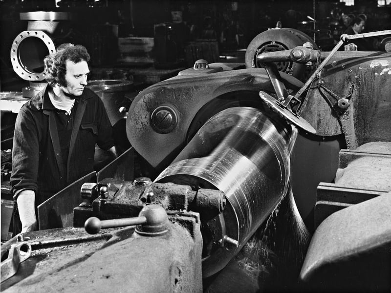 An employee at Serck Audco Valves Ltd's iron foundry in Newport machines a plug for an 18-inch valve destined for Shell's Brent C oil platform in June 1974. Orders for the platform were worth £155,000, showing how work in Newport was linked to the huge North Sea oil industry. Do you remember working at Serck Audco, or know anyone who did?