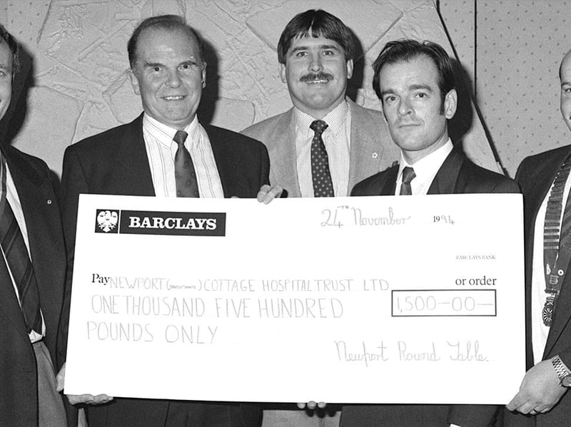 Newport Round Table members presented a £1,500 cheque to Newport Cottage Hospital at the Lamb Inn, Edgmond, in November 1994. Pictured from left are Nick Tindall, Derek Tremayne, Rob Simpson, Stephen Bentley and John Biggin. The donation reflects the important role local organisations played in supporting the hospital and its community. Do you remember Newport Round Table, or other local fundraising efforts for the hospital?