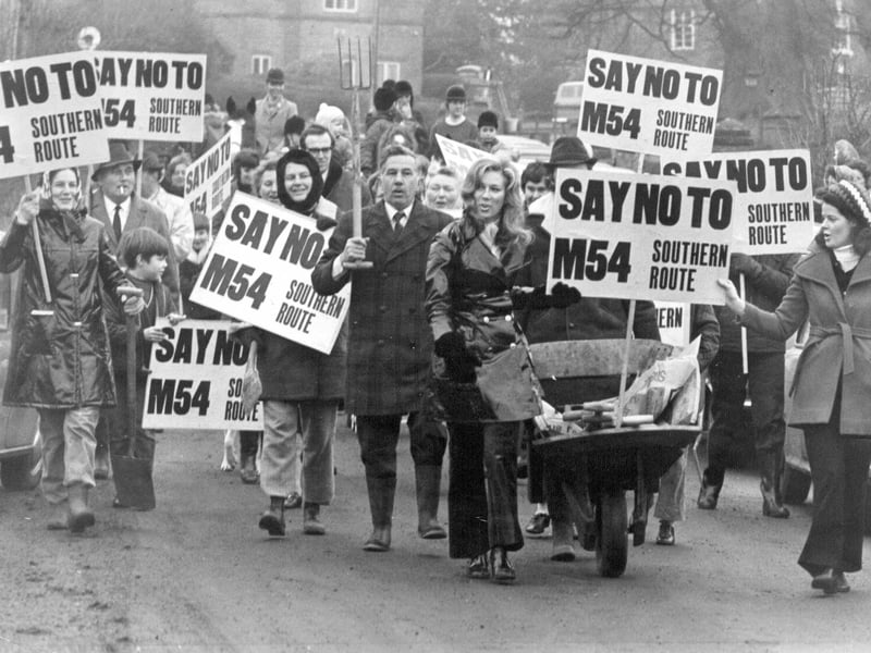 Local opposition to the southern route of the M54 motorway saw protesters take to the streets of Tong in February 1972. The planned road brought debate about the future of the landscape and communities it would pass through. Do you remember the campaign, or how the area looked before the motorway was built?