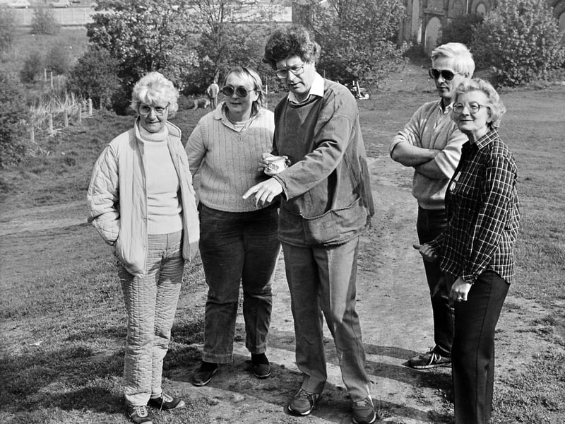In May 1985, Dr David Hill of Manchester University points out the course of Wat's Dyke to keen local amateur archaeologists on Shelf Bank. Joined from left by volunteers Mrs Eunice Coleclough, Miss Kate Brown, Mr Doug Kidd, and Mrs Sheila Rawson, the team joined a major survey aimed at plotting the exact paths of both Offa's and Wat's dykes before time and erosion erased their boundaries. Do you recognise any of these dedicated history enthusiasts who helped uncover Shropshire's heritage back in 1985?