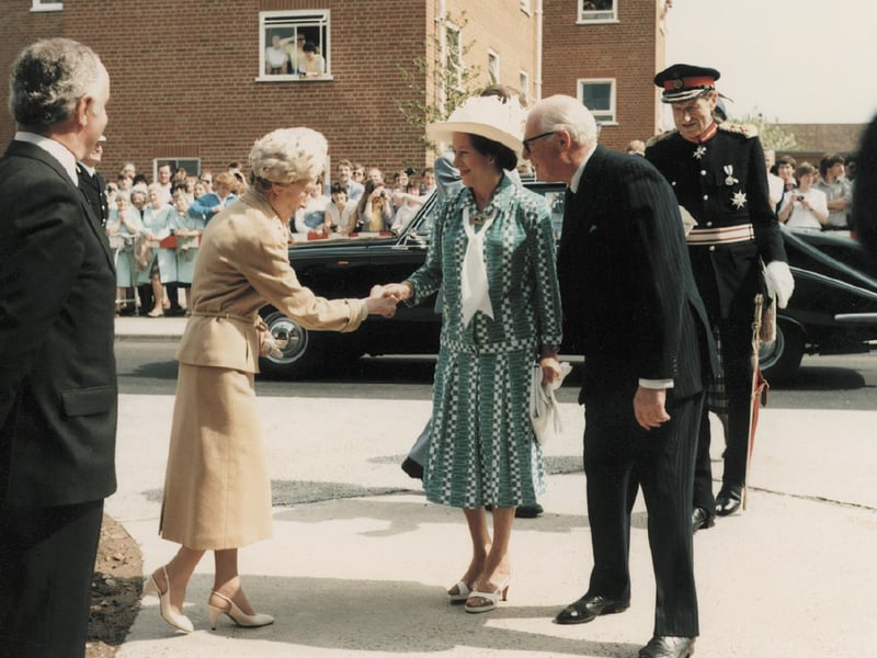 HRH Princess Margaret receives a warm greeting upon her arrival at Harper Adams Agricultural College on May 16, 1985. The royal visitor dropped by the Edgmond campus to officially open the college's state-of-the-art new science building in front of a crowd of eager staff and students. Were you among the onlookers or students who lined the grounds to catch a glimpse of royalty in May 1985?