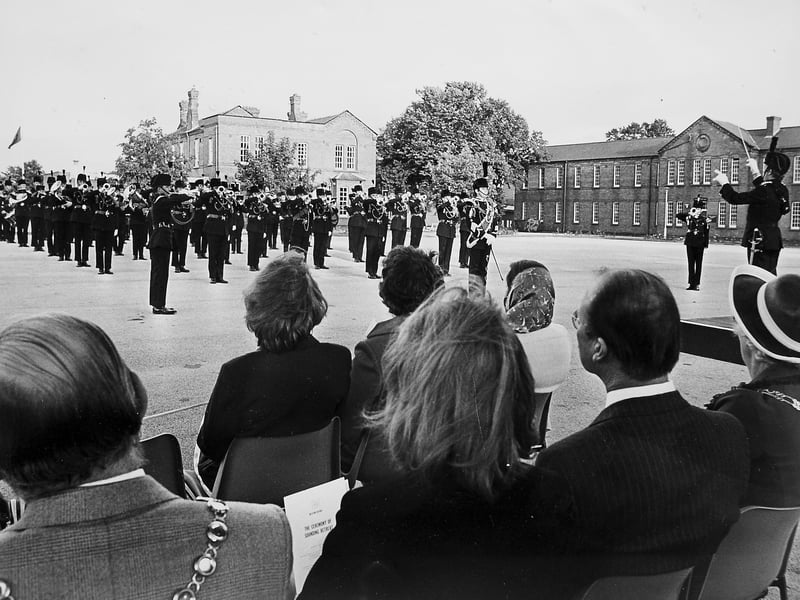 A stirring evening at Copthorne Barracks. The Band and Bugles of the Light Infantry School of Music sound retreat in Shrewsbury in August 1982. Do you remember attending military displays like this?