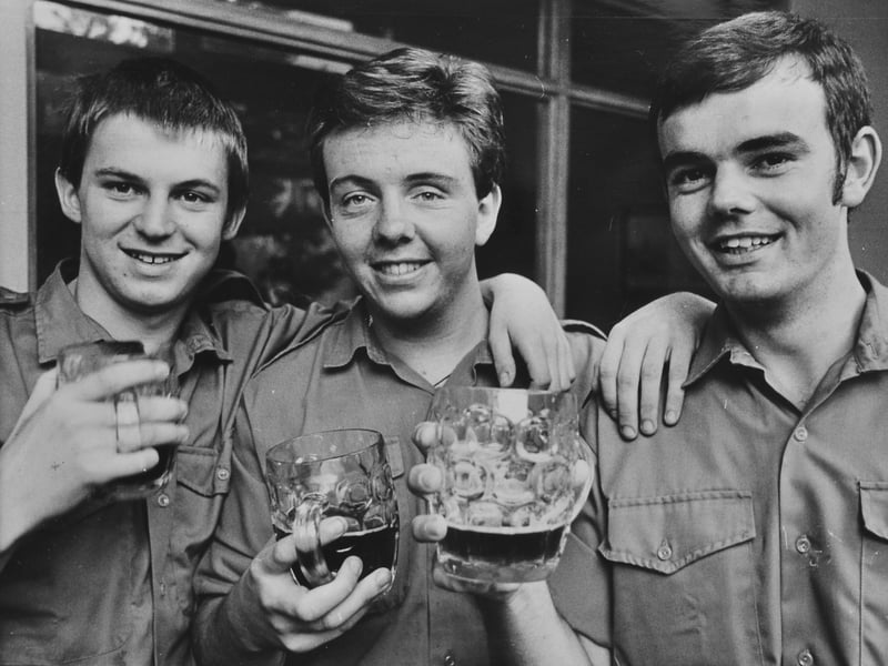 A homecoming after HMS Sheffield tragedy. Three Shropshire survivors of the sinking of the Royal Navy ship during the Falklands War are pictured on their return home in May 1982. From left are Able Seaman Trevor Wright of Broseley, Paul Entwhistle of St Martins, Oswestry, and Sub Lieutenant Colin Haley of Dawley.